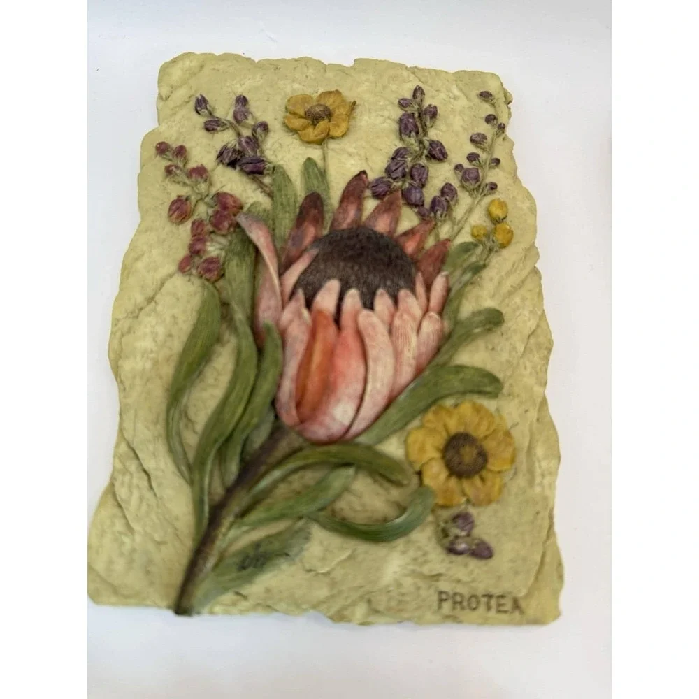Set‎ 4 Vintage Cherri Blum Wall Plaques Art 3D Floral Tiles Cynara Protea Ginger